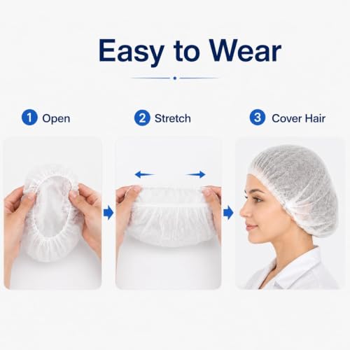 Image of Amazon Brand - QWENOX Disposable Bouffant Caps Hair Net Cap 100 Pcs Elastic Mob Caps for Food Service, Medical Use, Sleeping Head Cover, Factory Warehouse Worker, Beauty (White)