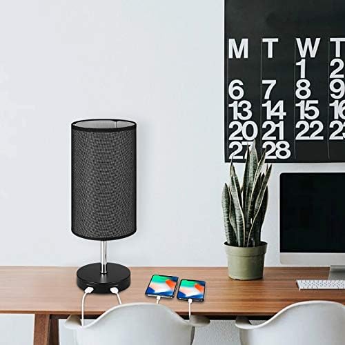 PROZOR Table Lamp with E27 6W Bulb Touch Control Bedside Lamp 2 Fast Charging USB Ports Desk Lamp Dimmable Table Lamp with Black Fabric Shade for Bedroom Living Room