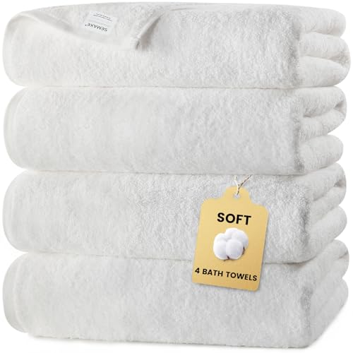SEMAXE 4-Pack Luxury Bath Towels for Bathroom, 100% Cotton, Soft, Absorbent, and Quick-Drying, 55"x27", White, Perfect for Hotels, Gyms, and Spas