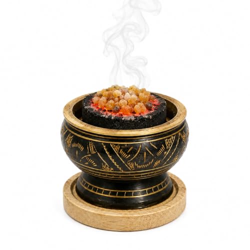 ARO VATIKA Incense Brass Burner (Black) | Used for Burning Charcoal, Sambrani, Dhoop & Gums | for Office Temple Prayer | Wooden Coaster to Hold | Home Purifying Loban Stand
