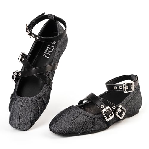 MUSSHOE Denim Mary Jane Shoes: Comfortable Dress Shoes for Women Cross Strap & Detachable Ankle Strap Design Square Toe Flats for Students Casual Shoes– Embrace Ease & Grace - Main Image