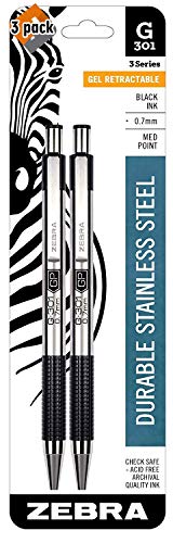 Zebra Pen 41312 G-301 Stainless Steel Retractable Gel Pen, Medium Point, 0.7mm, Black Ink, 2-Count