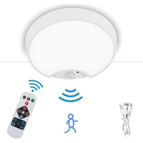 OMECO LED Deckenleuchte mit Bewegungsmelder Akku Deckenlampe mit batterie und fernbedienung 200LM 6500K Rund Dimmbar mit 3 Modi Batteriebetrieben für Flur Küche Dachböden Balkon Keller Garage Treppe Cover