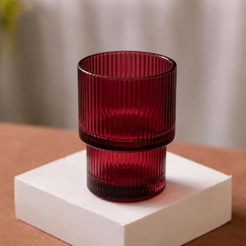 Image of 220 ML Premium Pink Ribbed Drinking Glasses Set of 6, Vintage Water & Juice Glass Tumblers, Textured Glassware for Whiskey, Cocktail, Mocktail, Soft Drinks & Everyday Use (MT-48)