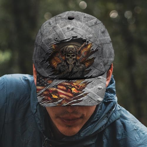 Image of Skull Baseball Cap for Men, Grim Reaper Death Crack Old Metal with Flag, Men's Hat, Adjustable Motorcycle Soft Caps