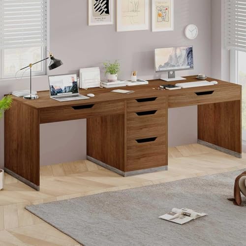 MaverickFurni Two Person Desk with 5 Drawers, Double Desk with Storage for 2 People, 78 Inch Extra Long Computer Desk Workstation with File Drawer for Home Office, Brown