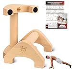 Wooden Push Up Bars, 2 PCS Solid Beech Wooden Parallettes with Embedded Non-slip Feet & Training Poster for Floor, Push Up Stands for Men Strength Training, Planks, Calisthenics & Home Gym Workout