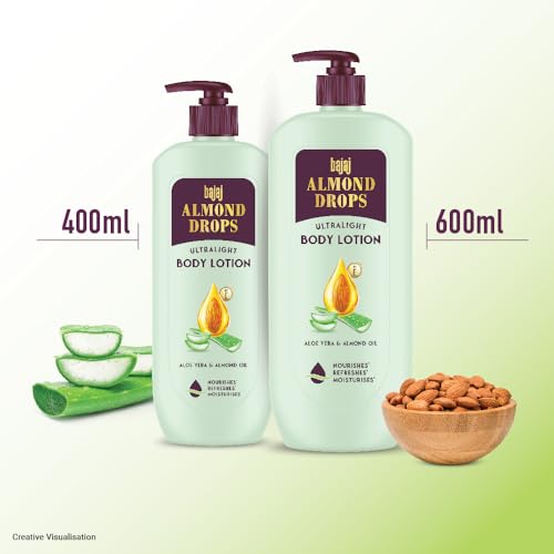 Image of Bajaj Almond Drops Ultralight Body Lotion, 600 ml | Women and Men | Refreshing Hydration - Aloe Vera, Almond Oil & Vitamin E