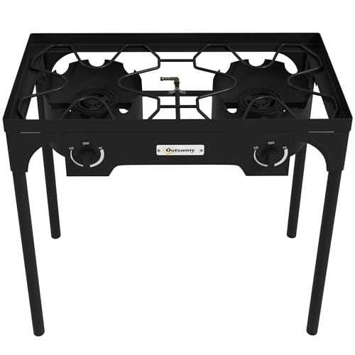 Outsunny Réchaud 2 brûleurs au propane réchaud à gaz portable 150 000 BTU/h avec 2 pieds amovibles pour extérieur, camping, métal moulé, dim. 79L x 40l...