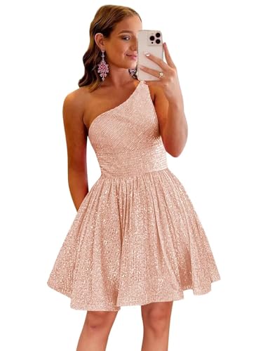 FoinLuve One Shoulder Sequin Homecoming Dresses for Teens Women Sparkly A-Line Short Prom Formal Gowns Rose Gold 06