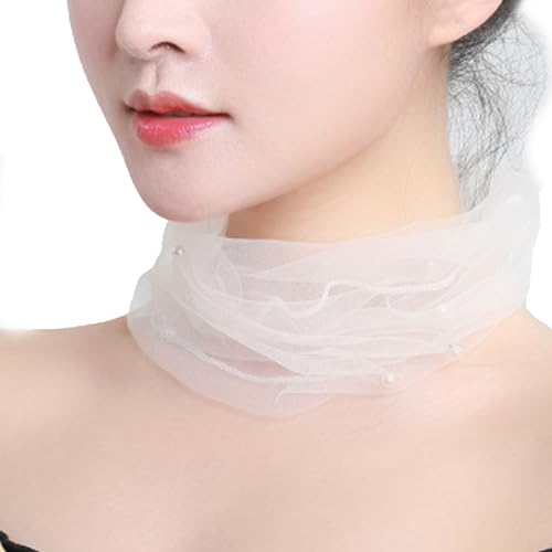 DHER 38 * 32 cm Cuello de encaje de verano Cuello de encaje transpirable Bufanda de cuello de encaje de cuentas de moda versátil luz y transpirable bufanda de seda de malla de hilo (Blanco)