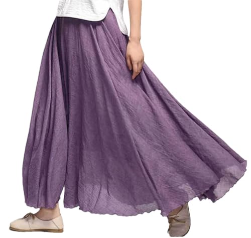 Women's Elegant High Waist Linen Maxi Skirt Ladies Elastic Waist 2 Layers Boho Skirts
