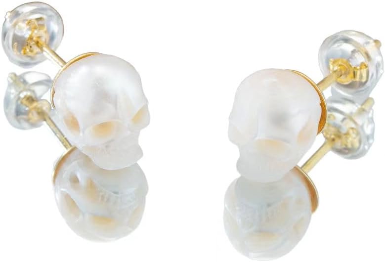 Handcarved Pearl Skull Earrings, Sterling Silver Skull Earrings, Halloween Earrings (Stud)
