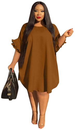 Image of Ekaliy Women's Casual Vintage Ruffle Sleeve Loose Party Midi Plus Size Dress Casual Summer