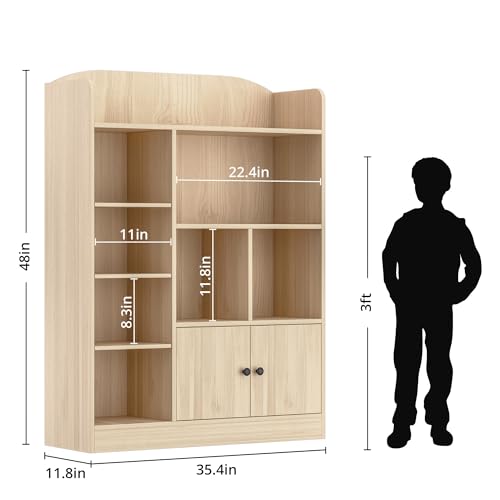 Oak Kids Bookshelf, Kids Bookcase with 7 Cubbies and 2 Cabinets, Freestanding Book Storage Shelves for Bedroom, Playroom, Hallway, 35.4" W x 48" H