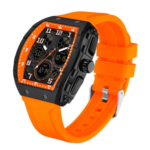 Reloj de pulsera deportivo, rectangular y único para hombre, con pantalla digital analógica de doble hora, cronómetro, diseño punk, genial, resistente al agua, 5 ATM, para hombre, naranja, Correa Reloj de pulsera deportivo, rectangular y único para hombre, con pantalla digital analógica de doble hora, cronómetro, diseño punk, genial, resistente al agua, 5 ATM, para hombre, naranja, Correa