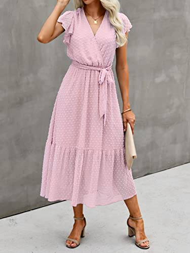 Image of BTFBM Women Summer Bohemian Floral Casual Wrap V Neck Ruffle Cap Sleeveless Belt A-Line Pleated Hem Midi Sun Dress White