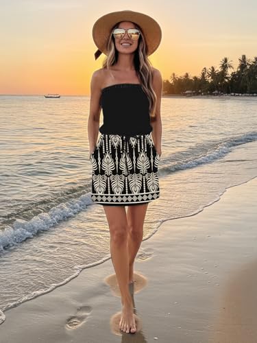 Image of SAUKOLE Summer Dress for Women Strapless Beach Cover Ups Boho Sundress Mini Dress Drawstring Waist with Pockets