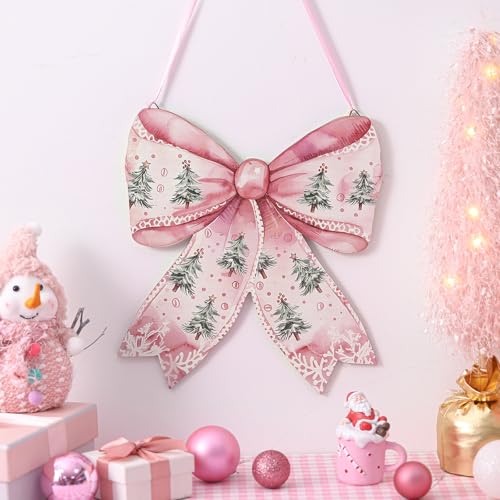 RattanView クリスマスツリー ピンク リボン 木製 ハンギングサイン コケットボウ 壁掛け ハンガー クリスマス かわいい プレッピー ウォールアート 蝶結び ウェルカムドアサイン 部屋 大学 寮 アパート 屋内 屋外 ポーチの装飾