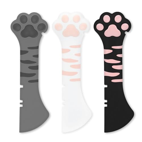 3 Pcs Silicone Cat Food Spoon & Spatula with Can Opener Multifunctional Wet Food Feeding Tool Cute Paw Design for Cats and Dogs (Black White and Gray)