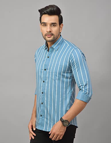 Image of Solid Regular Fit Cotton Casual Strips Shirt for Men || Spread Collar || Full Sleeves (XX-Large, Blue)