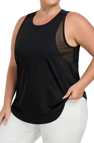 Women's Plus Size Workout Tank Tops with Mesh, XL-5XL Athletic Sleeveless Shirts Loose Fit, Flowy Yoga Tunic Top