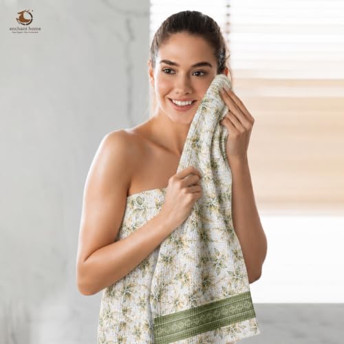 Image of Pure Cotton Printed Waffle Towel | Lightweight | Antimicrobial and Water Absorbent | Soft Touch Quick-Drying Bath Towel (Sage Botanical, Pack of 1)