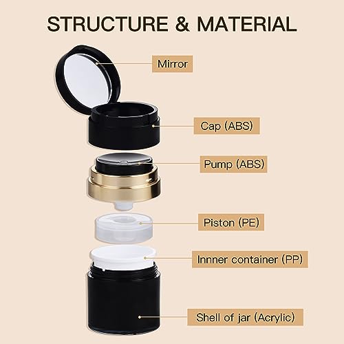 Airless Pump Jars with Mirrors 1 oz, Lotion Dispenser, Moisturizer Container, Push Container for Cream, Skin Care(30ml, Black & Gold)2
