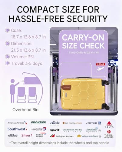 Valise à roulettes de 20 pouces, bagage rigide extensible avec serrure TSA et roues silencieuses amovibles, sac de voyage léger en PC pour les vacances en plein air, jaune vif – Image 7