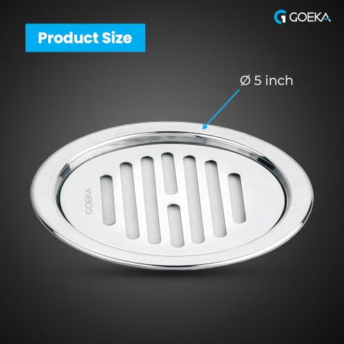Image of GOEKA Round Lock Grating Stainless Steel Floor Drain 5 Inch | SS 304 Chrome Finish | Double Hole Locking Jali /Trap Floor Drain for Bathroom & Kitchen | Pack of 2