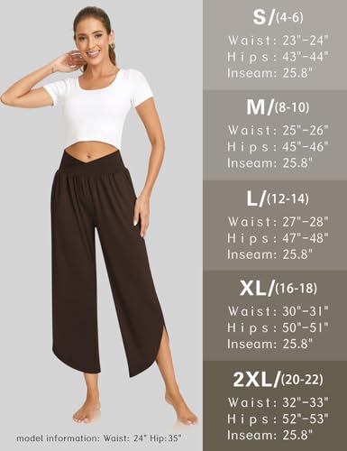 Image of TARSE Women's Wide Leg Yoga Pants Cross High Waist Flowy Split with Pockets | Comfy Lightweight Stretch, Flare Hem Cropped, Loose Dance Pants, Travel & Lounge, Everyday Casual Wear