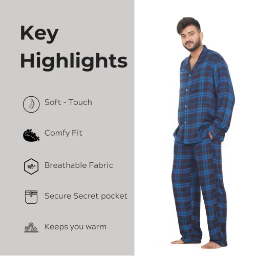 Image of Men's Rayon Twill Check | Long Sleeve Shirt with Elastic Pyjama Set | Comfortable Fit Night Suit | Lounge Wear Sleepwear Blue