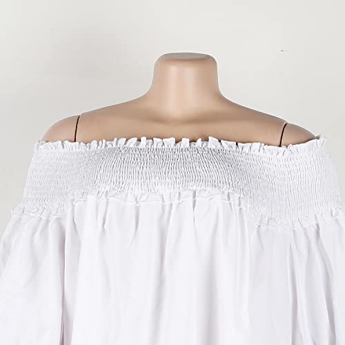 MESLIMA Women's Casual Plus Size Shirred Off Shoulder Bell Long Sleeve Ruffle Loose Irregular Hem Midi Dress3