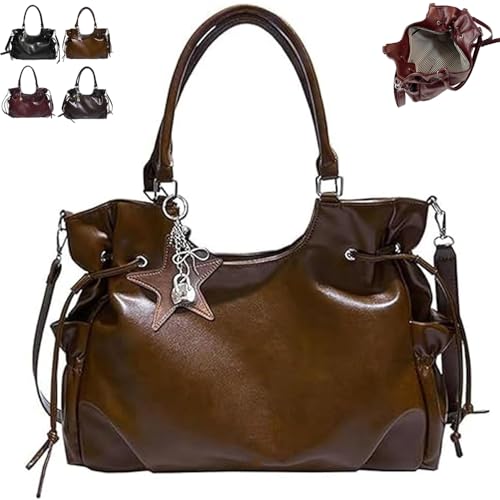 Vintage Hobo Bag for Women Y2k Star Tote Handbag Shoulder Leather Large Capacity Bags for Work Travel Daily Use (Brown)