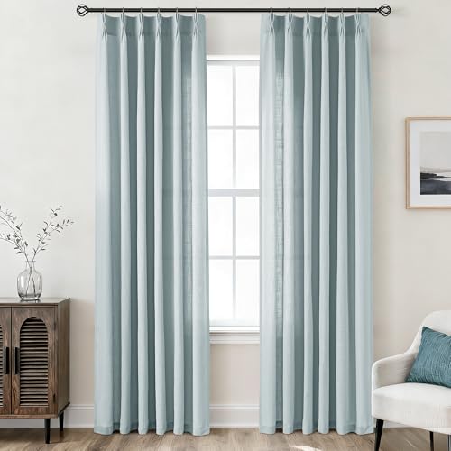 Dusty Blue Pinch Pleated 84 inch Long Linen Curtains 2 Panels Set for Living Room Track System Curtains Neutral Modern Elegant Light Filtering Semi Sheer Linen Blend Pinch Pleat Drapes 84 Length