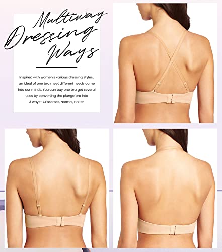 Wekofi Deep V Plunge Bras For Women Convertible Sexy Low Back Invisible Magic Wire Bra(Sand, 38C) #TOP5