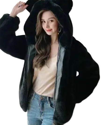 Women's Plush Wool Hooded Jacket, Black, Oversized Winter Style-picture-34