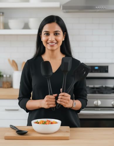 Image of Dribble Premium Big & Sturdy Silicone Spatula Set of 3, Heat Resistant Spatulas for Non Stick Cooking,Baking & Mixing-BPA-Free & Food Grade, Black