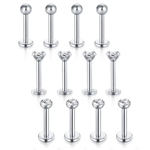 Vcmart 12 unids Silver Labret Labio Stud Barras Set 16 Gauge Acero Quirúrgico Monroe Tragus Cartilage Piercing Joyas