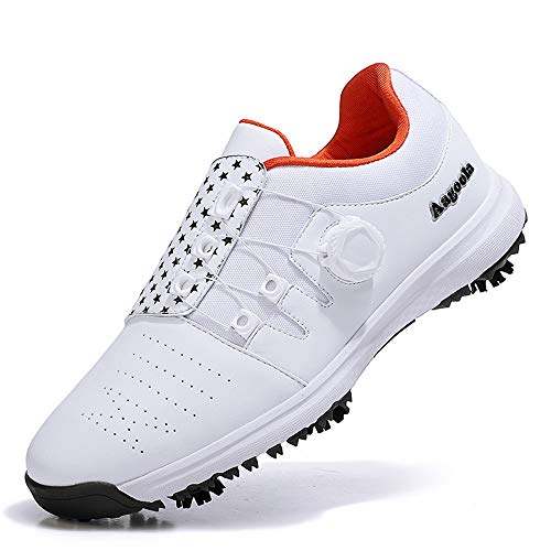 xinyu Men's Waterproof Spikes Golf Sneakers Leather Golf Shoes Non-Slip Rotation Shoelace Golf Shoes for Men (White, Numeric_7)
