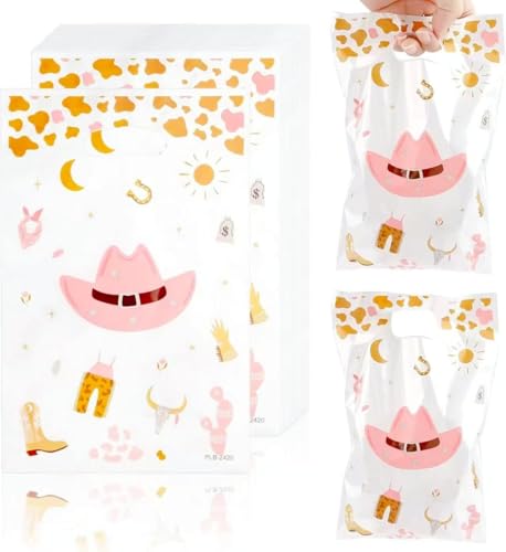 Fampery 20PCS Party Favor Goodie Bags - Pink Cowboy Western Goody Treat Bag with Handles - Small Cowgirl Gift Bags for Kids Girls - Birthday,Baby Shower, Party Wrappers Supplies