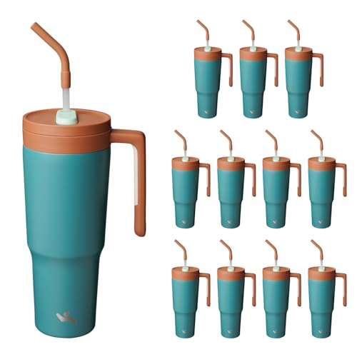 Image of Konokyo 12 Pack 40 Oz Tumblers with Handle and Straw, Bulk Vacuum Insulated Stainless Steel Travel Mugs with Lids for Office, Events and Group Orders Lake Blue