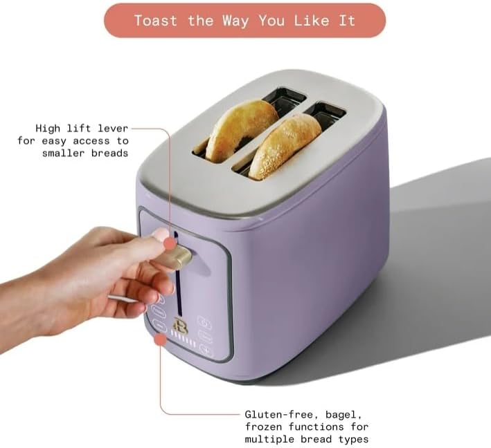Beauti 2 Slices Toaster with Touch Activated Display, 900 W, Bagel/Frozen/Reheat Presets, Wide Slots, Easy Cleaning (Lavender)