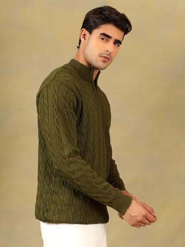Image of Kvetoo Men's Wool High Neck Zipper Sweater, Full Sleeve Cable Knit Quarter Zip Winter Pullover Olive Size 2XL