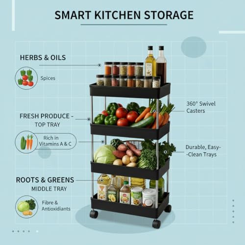 Image of Umite Chef 4 Tier Kitchen Trolley Organizer with Wheels | Multipurpose Storage Rack | Vegetable & Fruit Basket Stand | Rolling Utility Cart for Kitchen, Bathroom, Office - Black