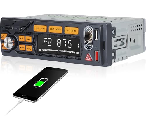 Single Din Car Stereo Receiver Bluetooth Car Radio Hands-Free Car Audio with Emergency Illumination | FM Radio | EQ Settings | TF Card | MP3 Player | 2 USB Playback & Charging + Remote Control