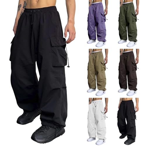 Mens Baggy Cargo Pants Casual Elastic Waist Parachute Pants with Pockets Y2k Harem Cargo Joggers Hiking Streetwear
