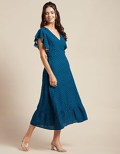 Image of Moomaya Women's Printed Dress, V-Neck, Short Sleeves, Ruffled Midi Summer Dress