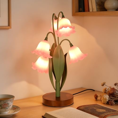 Flower Table Lamp for Bedroom Cute Reading Light with 5 Wind Chime Grass Flower of The Valley Desk Lamp Bedside Lamps for Nightstands Home Decor Soft Reading Night Light for Bedroom Living Room Office