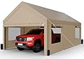 Shintenchi Carport 12' x 20' Heavy Duty Portable Garage, Car Port Canopy with Side-Opening Removable Door & Roll-Up Windows, Car Canopy for Truck,Car,Boat,Motorcycle,Khaki